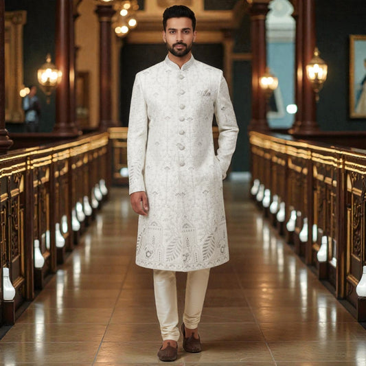 Men’s Elite Hand-Crafted Beige Majestic Procession Heritage Luxury Sherwani.