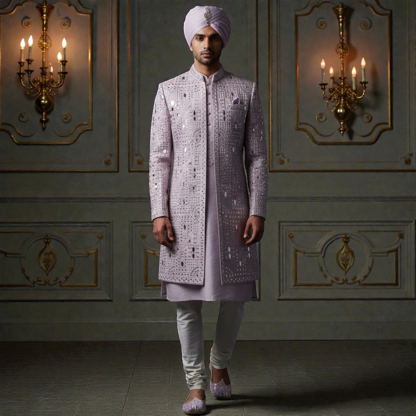 Men’s Elite Hand-Crafted Lavender Frost Mirror-Work Heritage Sherwani.