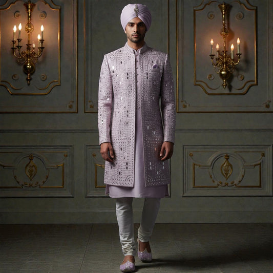 Men’s Elite Hand-Crafted Lavender Frost Mirror-Work Heritage Sherwani.