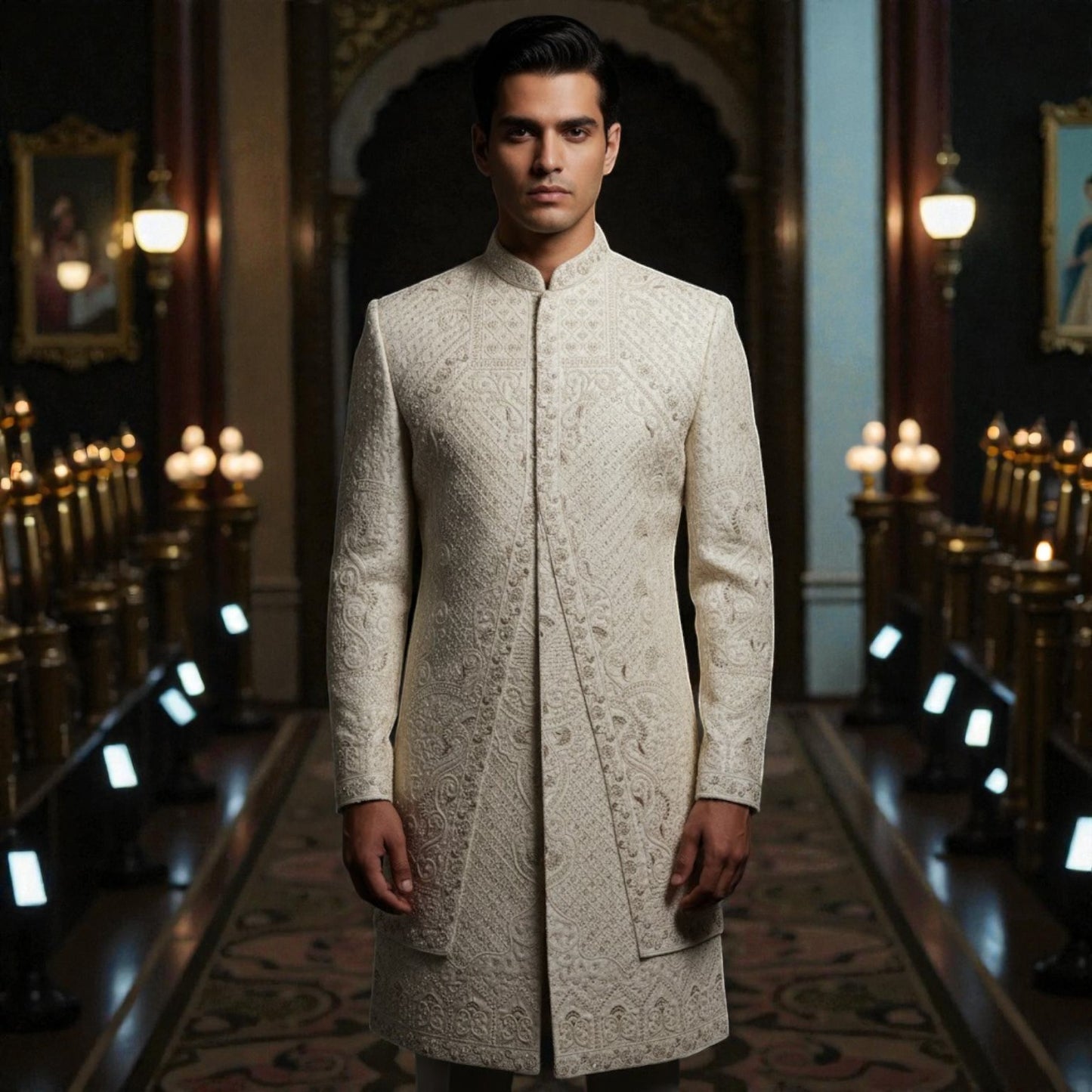 Men’s Elite Hand-Crafted Beige Majestic Procession Heritage Luxury Sherwani.