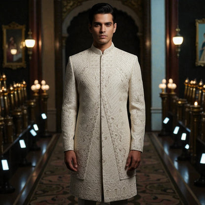 Men’s Elite Hand-Crafted Beige Majestic Procession Heritage Luxury Sherwani.