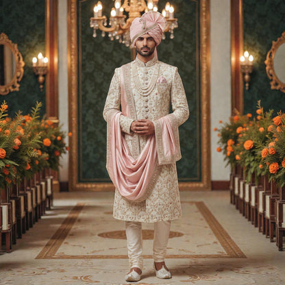 Men’s Elite Hand-Crafted Ivory & Rose Petal Heritage Floral Luxury Sherwani.