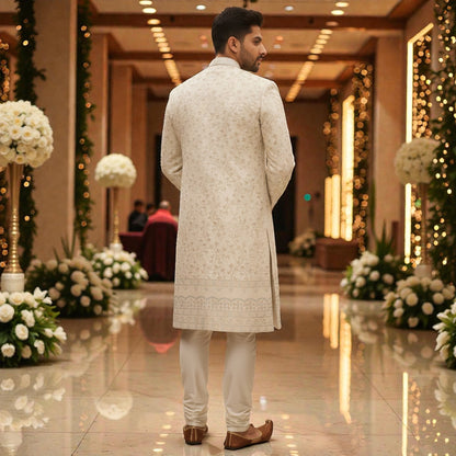 Men’s Elite Hand-Crafted Ivory Heritage Floral-Embroidered Luxury Wedding Sherwani.