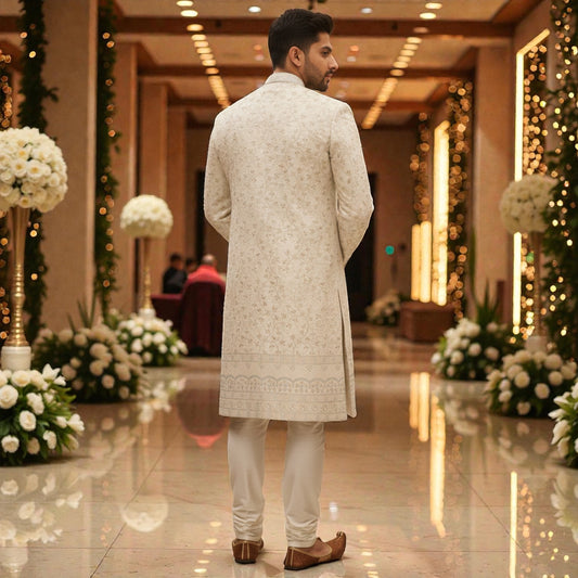 Men’s Elite Hand-Crafted Ivory Heritage Floral-Embroidered Luxury Wedding Sherwani.
