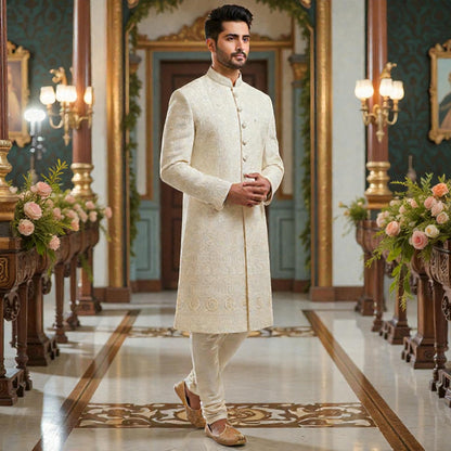 Men’s Elite Hand-Crafted Beige Royal Heritage Floral-Embroidered Luxury Wedding Sherwani.