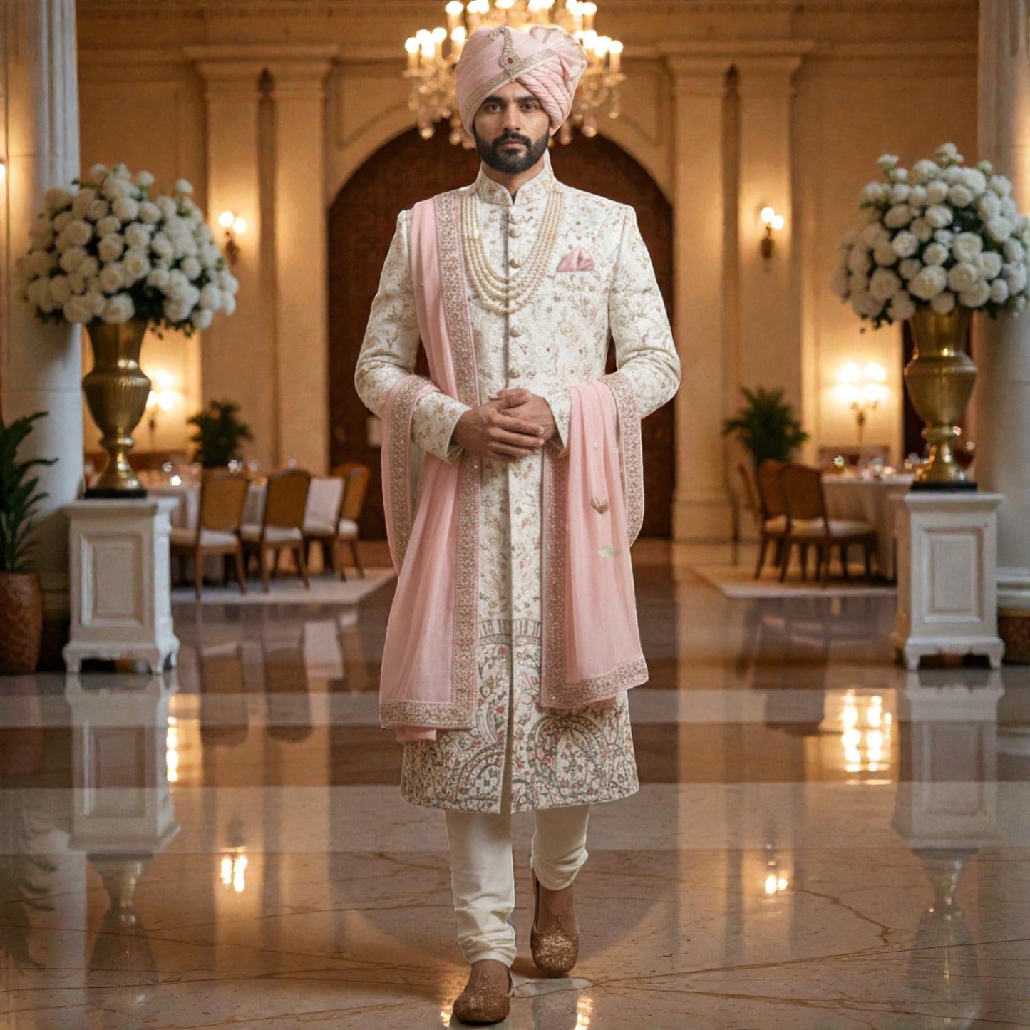 Men’s Elite Hand-Crafted Ivory & Blush Heritage Botanical Luxury Sherwani.