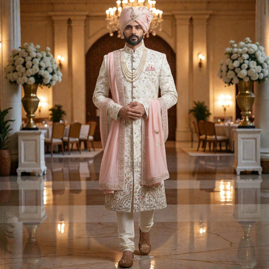 Men’s Elite Hand-Crafted Ivory & Blush Heritage Botanical Luxury Sherwani.