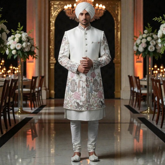Men’s Elite Hand-Crafted Ivory Heritage Wildlife & Palace Scene Luxury Sherwani.