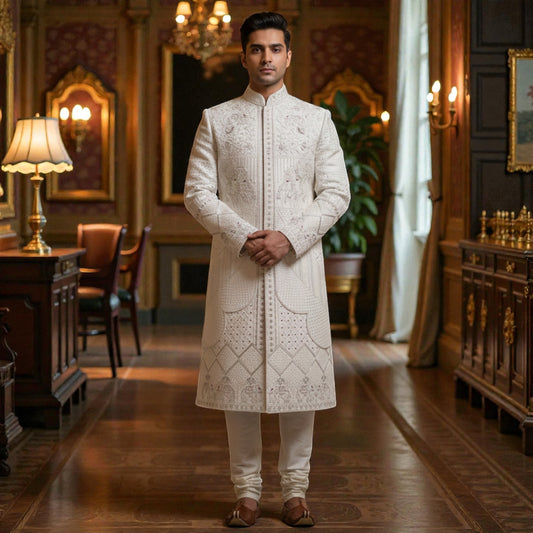 Men’s Elite Hand-Crafted Ivory Majestic Procession Heritage Luxury Sherwani.