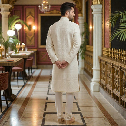 Men’s Elite Hand-Crafted Beige Royal Heritage Floral-Embroidered Luxury Wedding Sherwani.