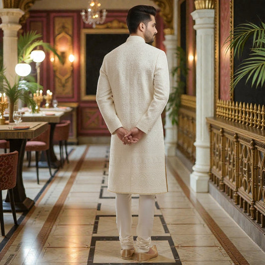 Men’s Elite Hand-Crafted Beige Royal Heritage Floral-Embroidered Luxury Wedding Sherwani.