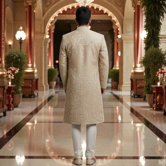Men’s Elite Hand-Crafted Ivory Royal Heritage Belted Luxury Sherwani.