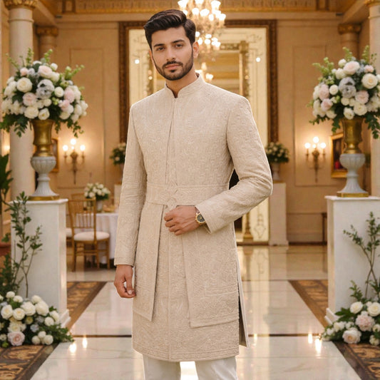 Men’s Elite Hand-Crafted Ivory Frost Heritage Floral-Embroidered Luxury Wedding Sherwani.