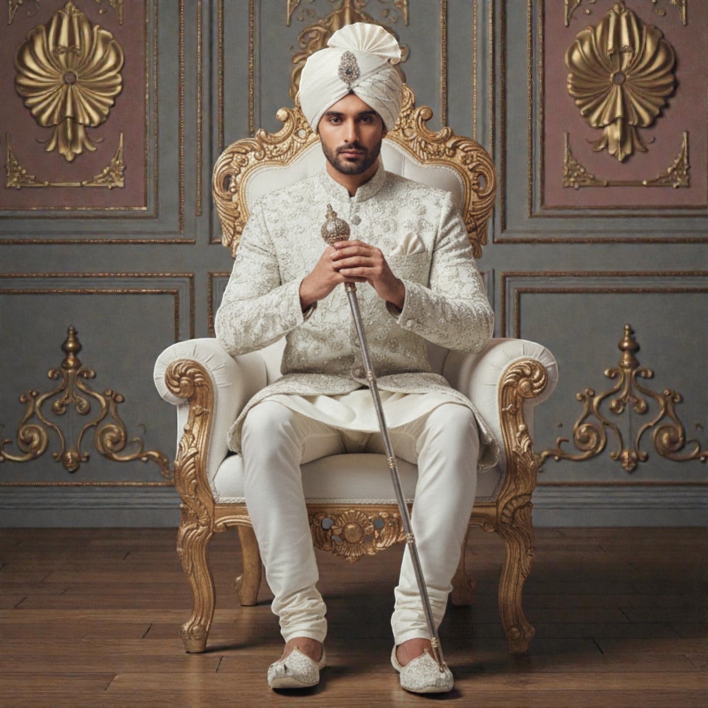 Men’s Elite Hand-Crafted Ivory Royal Heritage Floral-Embroidered Luxury Wedding Sherwani.