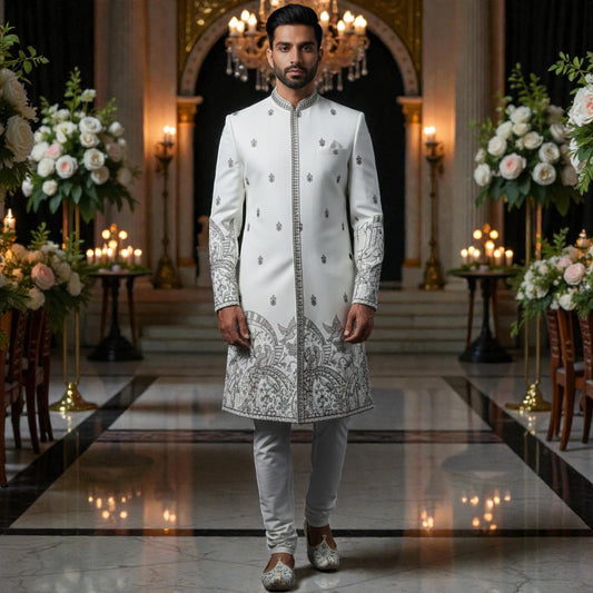 Men’s Elite Hand-Crafted Ivory Sketch-Embroidered Heritage Luxury Sherwani.