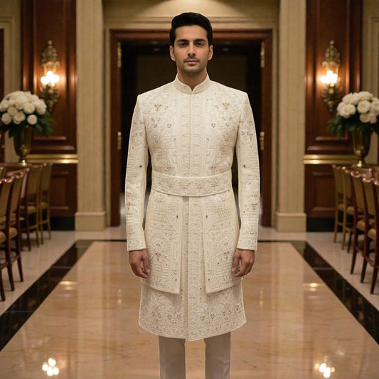 Men’s Elite Hand-Crafted Midnight Black Botanical & Wolf Motif Luxury Indo-Western Sherwani Set.