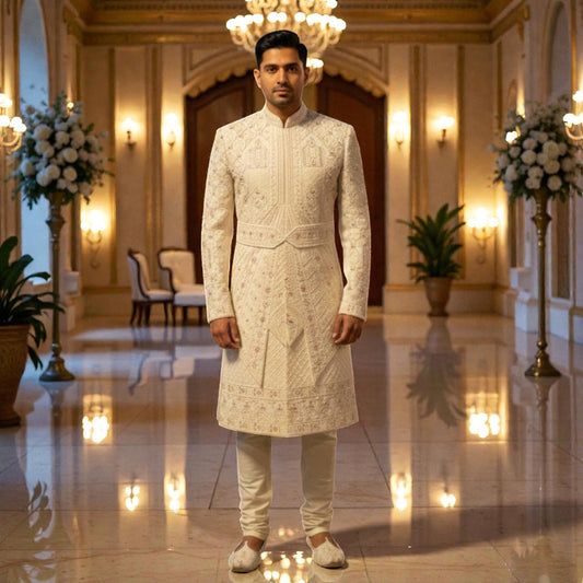 Men’s Elite Hand-Crafted Ivory Heritage Geometric-Embroidered Luxury Wedding Sherwani.