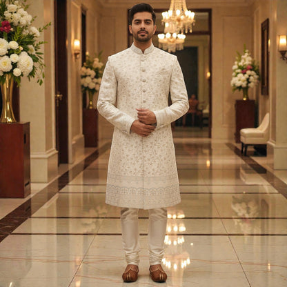 Men’s Elite Hand-Crafted Ivory Heritage Floral-Embroidered Luxury Wedding Sherwani.