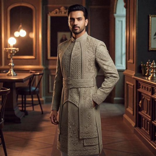 Men’s Elite Hand-Crafted Sage Green & Dusty Gold Heritage Belted Luxury Sherwani.