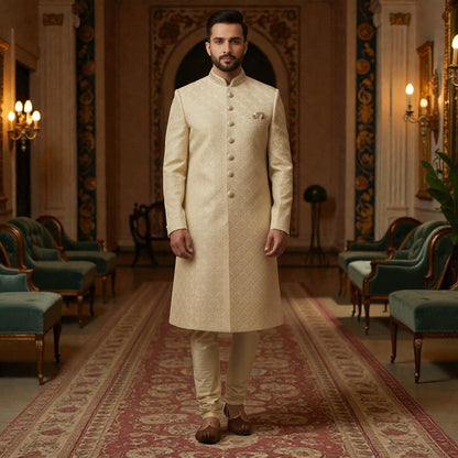 Men’s Elite Hand-Crafted Champagne Gold Geometric Heritage Luxury Wedding Sherwani.