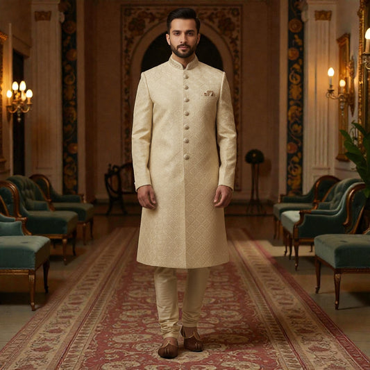 Men’s Elite Hand-Crafted Champagne Gold Geometric Heritage Luxury Wedding Sherwani.