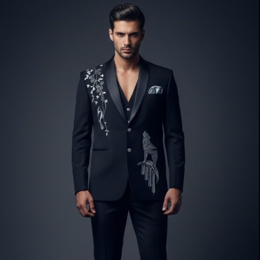 Men's Luxury Jet Black 3-Piece Tuxedo with Embroidered Shoulder and Satin Shawl Lapel