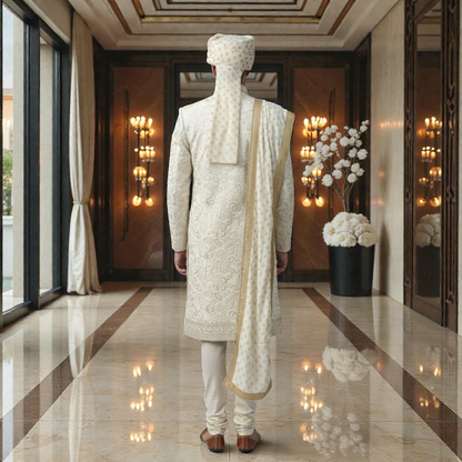Men's Royal Ivory Designer Sherwani – Premium Tonal Hand-Embroidered Wedding Ensemble