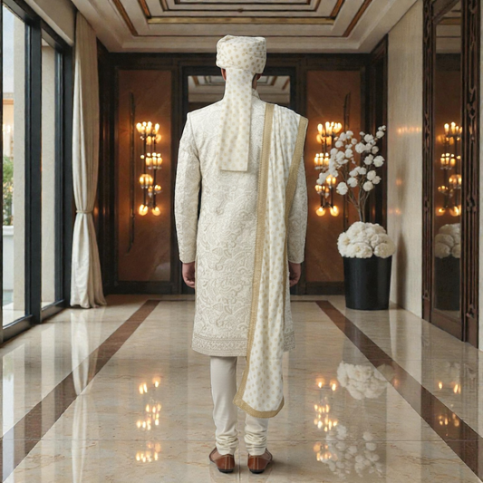 Men's Royal Ivory Designer Sherwani – Premium Tonal Hand-Embroidered Wedding Ensemble