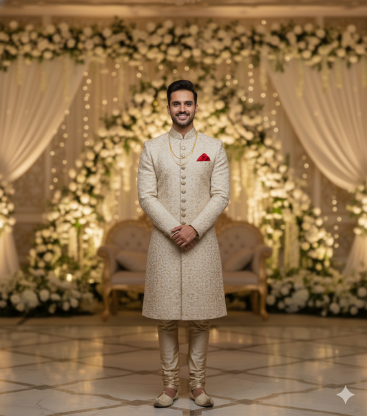 Men's Royal White Designer Sherwani – Premium Hand-Embroidered  Wedding Ensemble