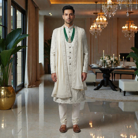 Men's Royal Ivory Designer Sherwani – Premium Tonal Hand-Embroidered Wedding Ensemble