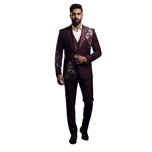 Men’s Regal Wine Burgundy Embroidered Three-Piece Tuxedo Suit