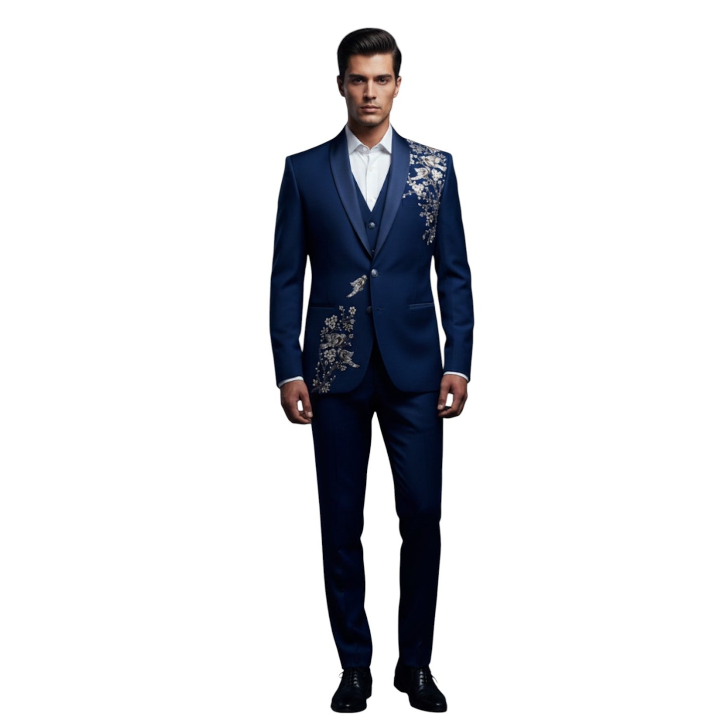 Men’s Midnight Blue Royal Embroidered Three-Piece Tuxedo Suit