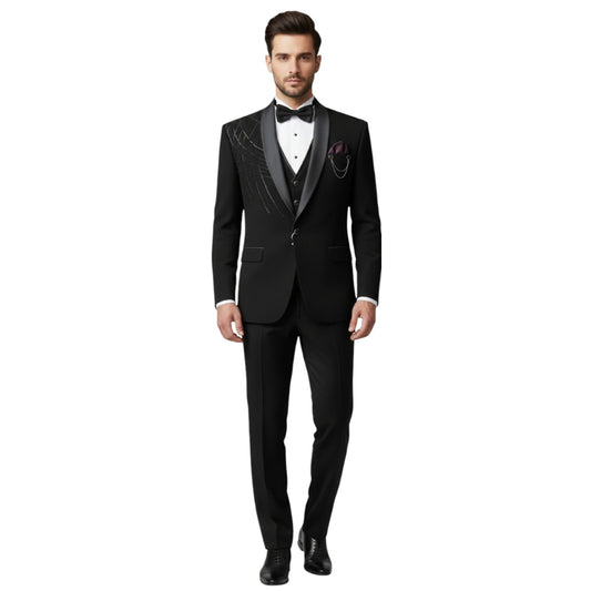 Men’s Jet Black with Tonal Graphite Linear Embroidery Three-Piece Tuxedo