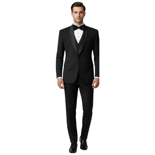 Men’s Obsidian Black Tone-on-Tone Embroidered Three-Piece Tuxedo.
