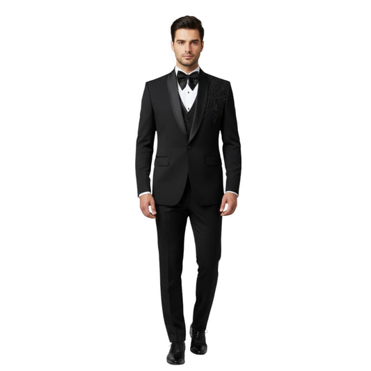 Men’s Jet Black with Matching Tonal Beaded Embroidery Three-Piece Tuxedo
