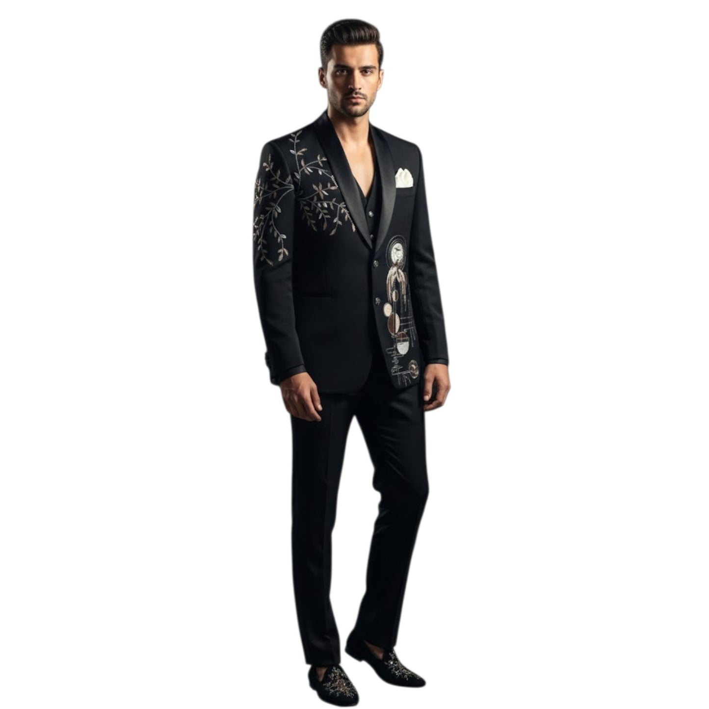 Men’s Deep Obsidian Black with Bronze and Gold-Tone Embroidery Three-Piece Tuxedo