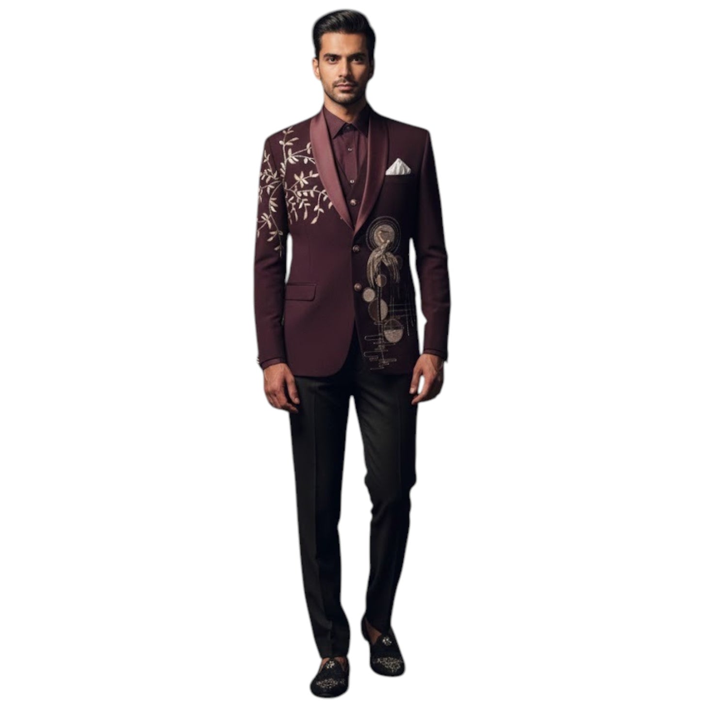 Men’s Imperial Wine "Golden Grove" Embroidered Three-Piece Tuxedo.
