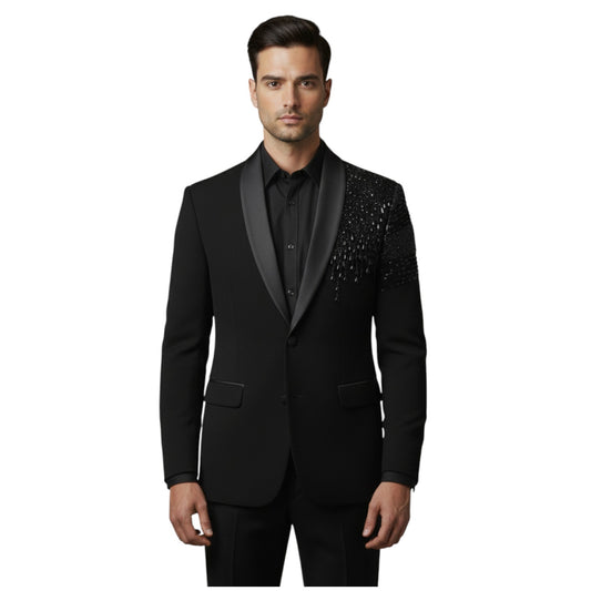 Men’s Obsidian Jet Black with High-Gloss Black Beaded Embroidery 2-Piece Beaded Tuxedo.