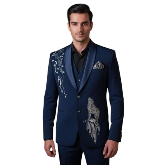 Rich Royal Navy Blue with Silver-Grey Metallic Embroidery 3-Piece Designer Tuxedo.