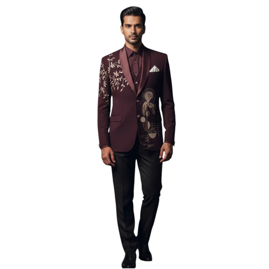 Men’s Deep Wine Maroon with Champagne Gold and Copper Embroidery 3-Piece Designer Tuxedo.