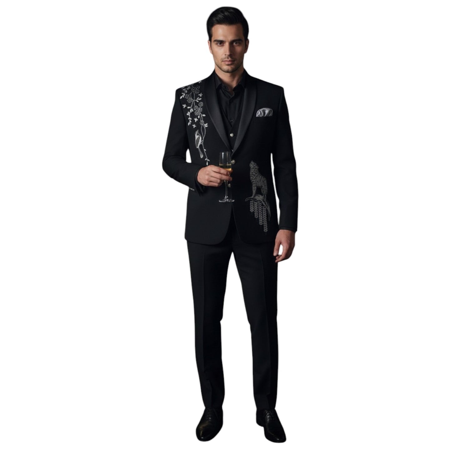Men’s Jet Black with Silver-Grey Metallic Embroidery 3-Piece Slim-Fit Tuxedo