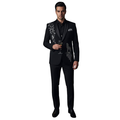 Men’s Jet Black with Silver-Grey Metallic Embroidery 3-Piece Slim-Fit Tuxedo