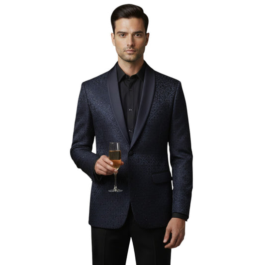 Men’s Deep Midnight Navy with Shimmering Geometric Micro-Patterns 2-Piece Designer Tuxedo.