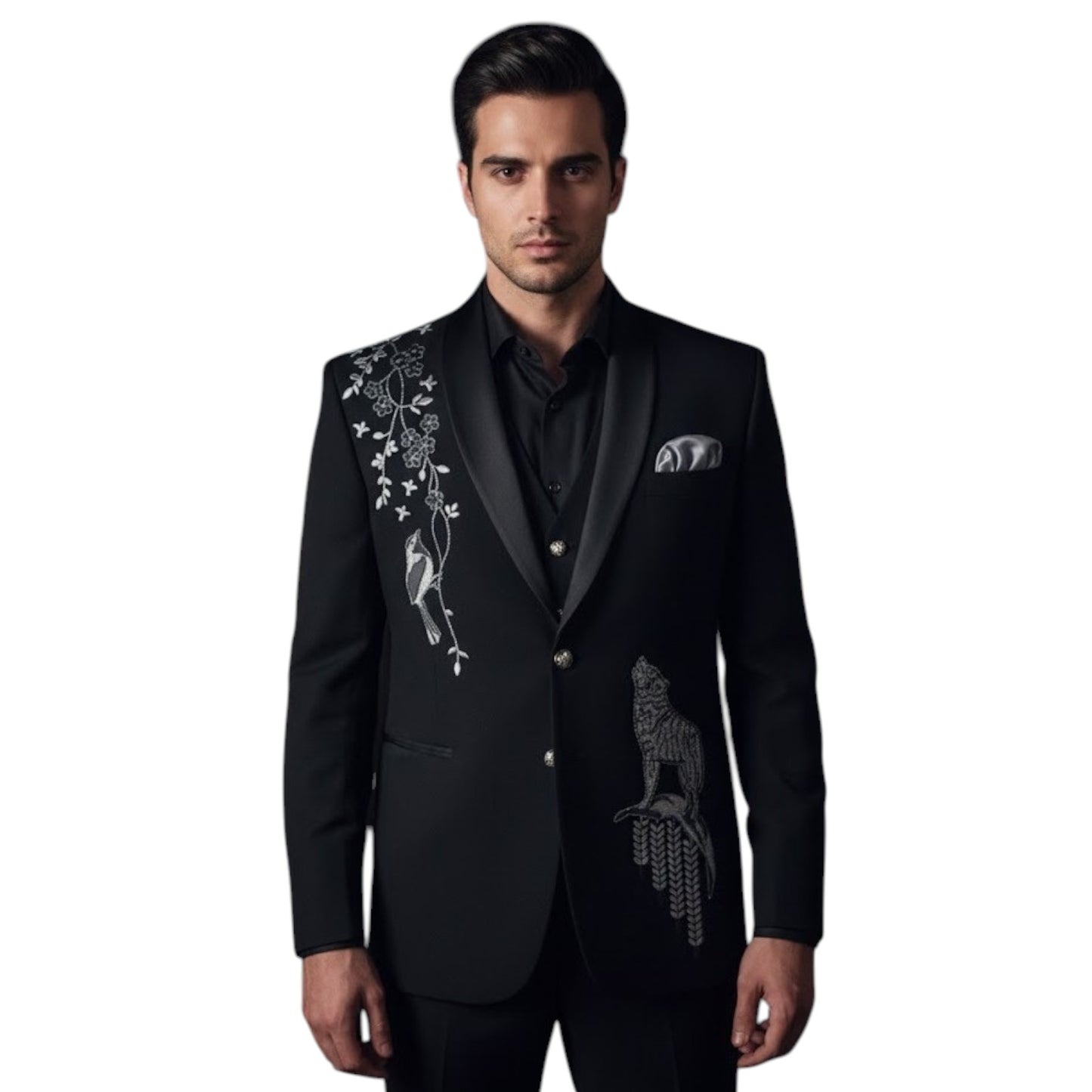 Men’s Jet Black with Silver-Grey Metallic Embroidery 3-Piece Slim-Fit Tuxedo