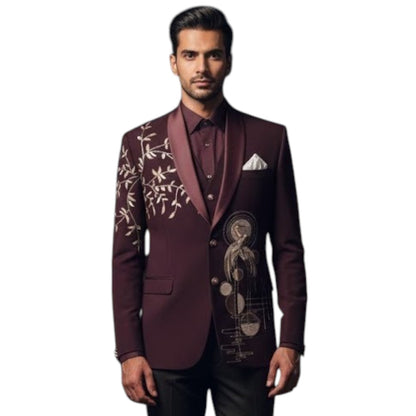 Men’s Deep Wine Maroon with Champagne Gold and Copper Embroidery 3-Piece Designer Tuxedo.