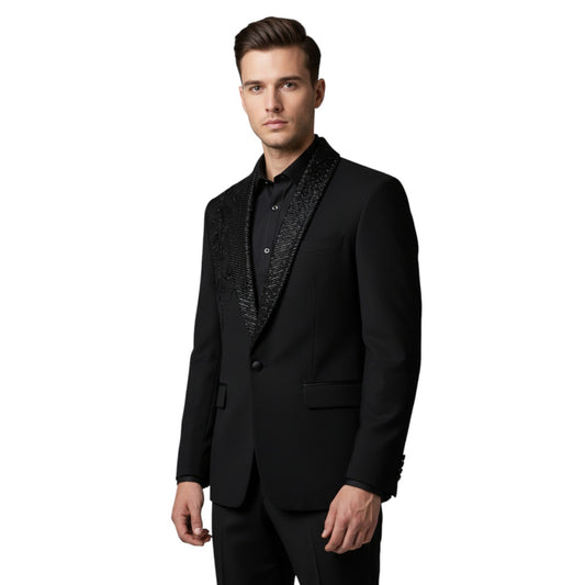 Men’s Obsidian Jet Black with Tonal Beaded Embroidery "Shadow Stitch" 2-Piece Slim-Fit Tuxedo