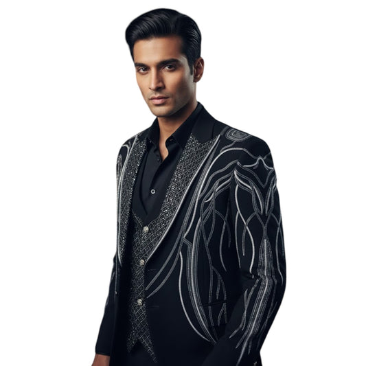 Men’s Jet Black with High-Contrast Silver-Grey Contoured Embroidery 3-Piece Linear Tuxedo.
