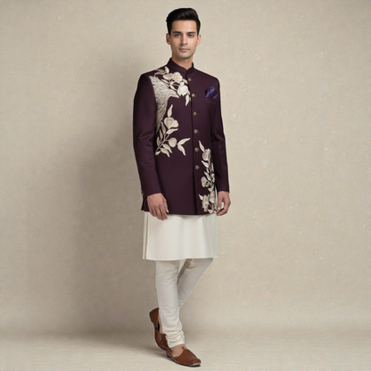 Men's Premium Wine Bandhgala Jodhpuri Suit with Layered Kurta Set